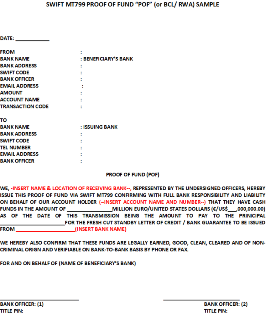 SWIFT MT799 – PROOF OF FUND – Collateral Instrument